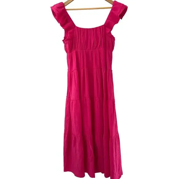 Victoria Dunn Folly Gauzy Pink Tiered Ruffled Sleeve Maxi Dress Size‎ Medium